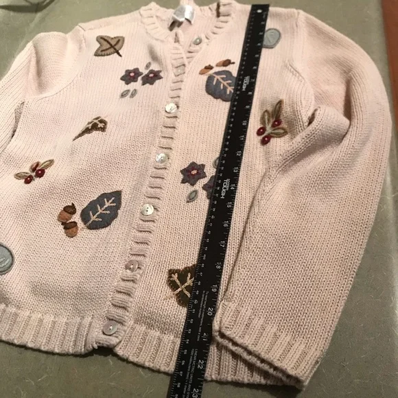 Vintage Cozy Ramie Cotton Blend Cardigan Fall Leaves Appliqué - Picture 8 of 10